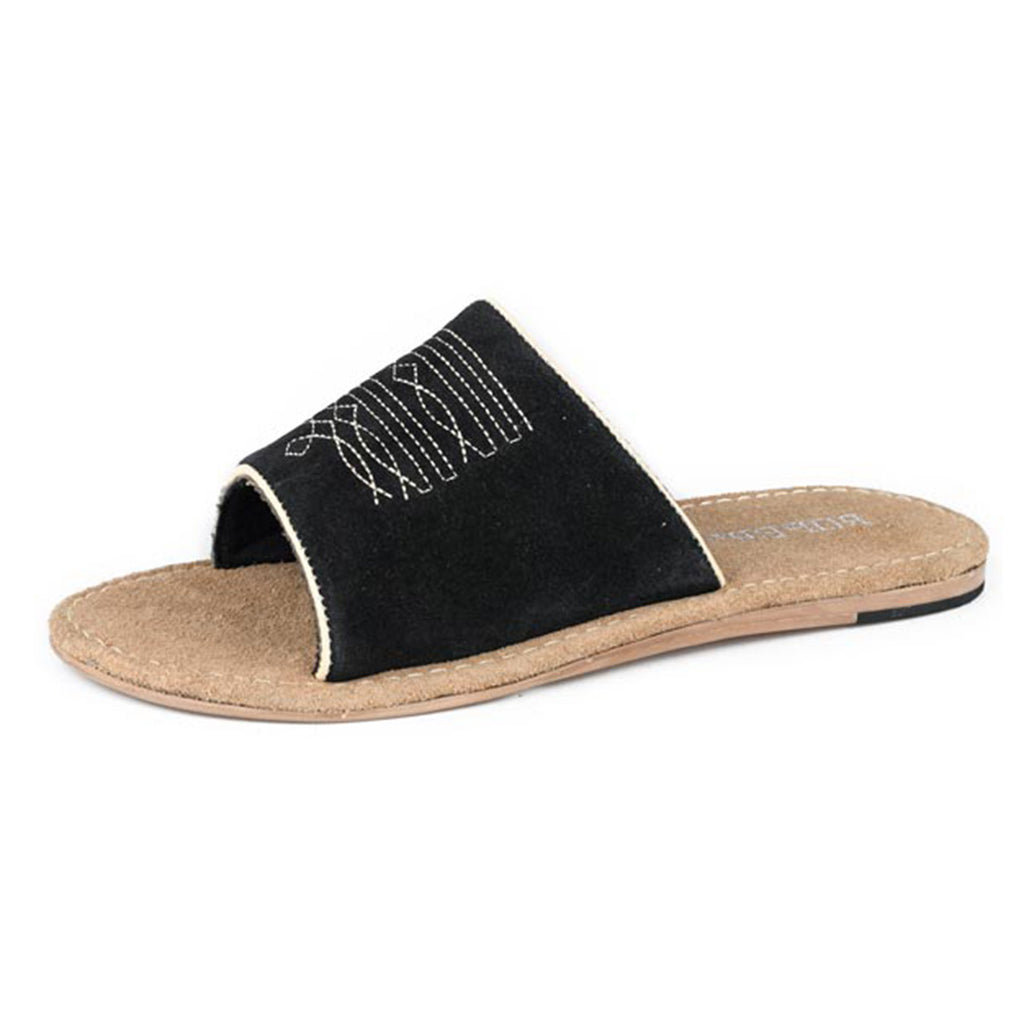 Black suede boot stitch slide sandal with Western‑inspired stitching and a soft suede texture shown from a front angle.
