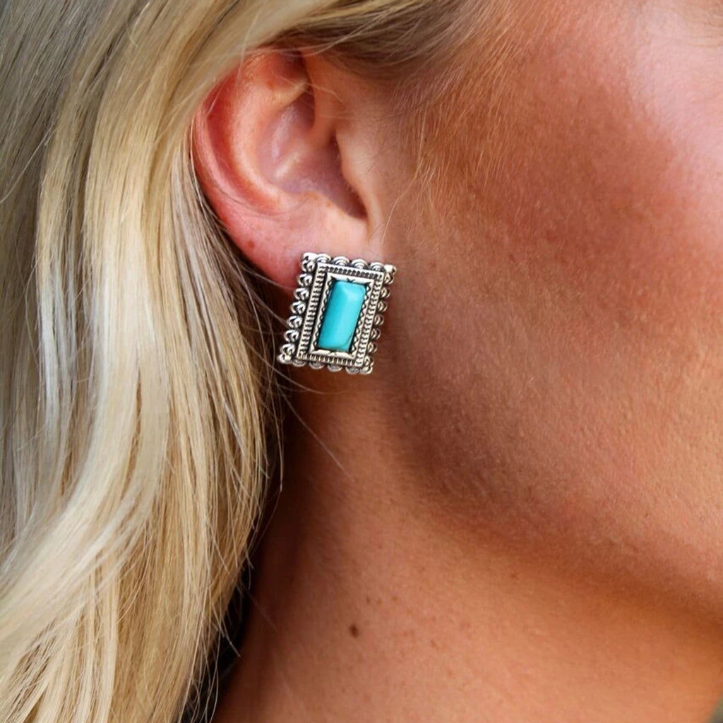 Close view of Turquoise Rectangle Silver Border Earrings 