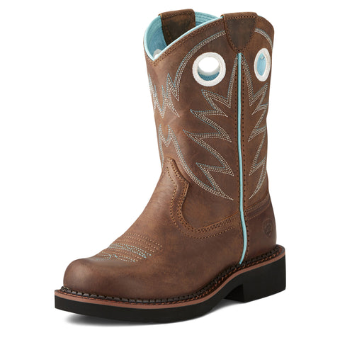 Side view of single boot. Boot is all over dark brown and has light blue and white stitching and a round toe. 