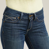 women's dark wash boot cut jeans with contrast stitching on the back pocket-close up front view