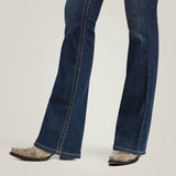 women's dark wash boot cut jeans with contrast stitching on the back pocket-hem view