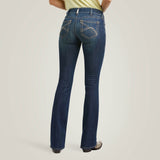 women's dark wash boot cut jeans with contrast stitching on the back pocket back view