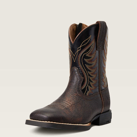 Front and side view of Ariat Kid's Brown & Black Amos Square Toe Boots.