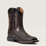 Zipper side view of Ariat Kid's Brown & Black Amos Square Toe Boots.