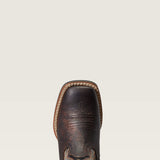 Top side view of the toe on the Ariat Kid's Brown & Black Amos Square Toe Boots.