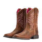 Brown Square Toe Boots with Pink Stitching