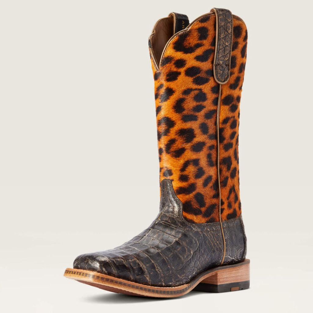 Ariat Donatella Western Boot in brushed chocolate caiman belly with leopard-print calf hair