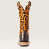 Ariat Donatella Western Boot in brushed chocolate caiman belly with leopard-print calf hair back view.