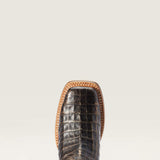 Close-up tow view of Ariat Donatella Western Boot with textured chocolate caiman belly.