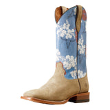 men's cowboy boot with steer skulls & white flowers