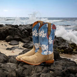 men's cowboy boot with steer skulls & white flowers pair view