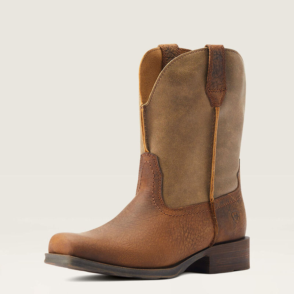 Font and side view of Ariat Men's Brown Bomber Rambler Square Toe Boots.