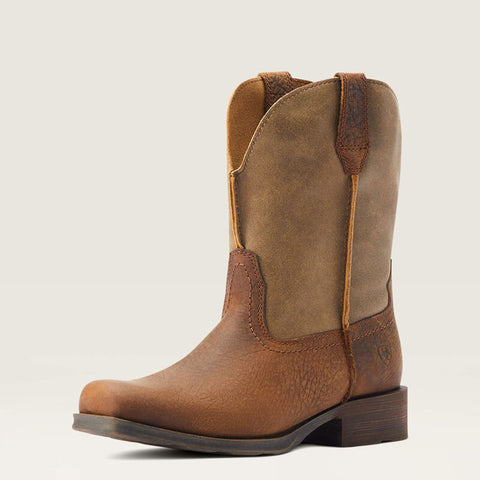 Font and side view of Ariat Men's Brown Bomber Rambler Square Toe Boots.