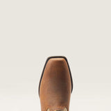 Top side view of the toe on the Ariat Men's Brown Bomber Rambler Square Toe Boots.