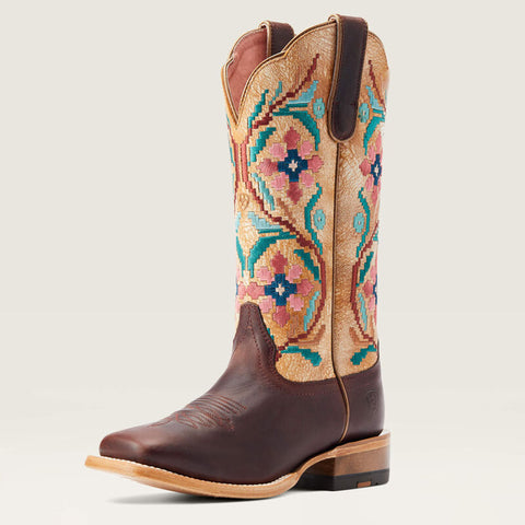 Front and side view of Ariat Women's Brazen Tan Frontier Daniella Square Toe Boots.
