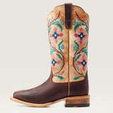 Full side view of Ariat Women's Brazen Tan Frontier Daniella Square Toe Boots.