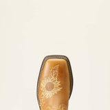 Top side view of the toe on Ariat Women's Tan Blossom Western Square Toe Boots.