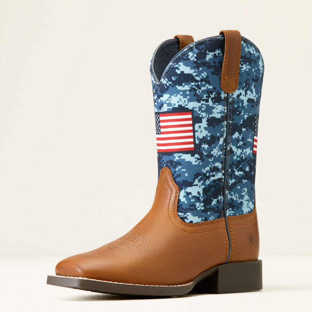 Front and side view of Ariat Kid's Blue Camo Patriot Square Toe Boots.