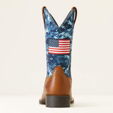 Back side view of Ariat Kid's Blue Camo Patriot Square Toe Boots.