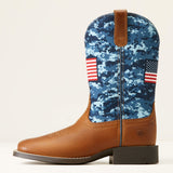 Full side view of Ariat Kid's Blue Camo Patriot Square Toe Boots.