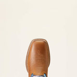 Top side view of the toe on the Ariat Kid's Blue Camo Patriot Square Toe Boots.