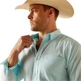 blue-teal button up with plaid accented cuffs and collar