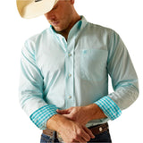 long sleeve blue button up with blue plaid accent cuffs