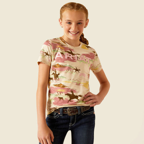 Ariat Girls Tan/Pink Print Tee