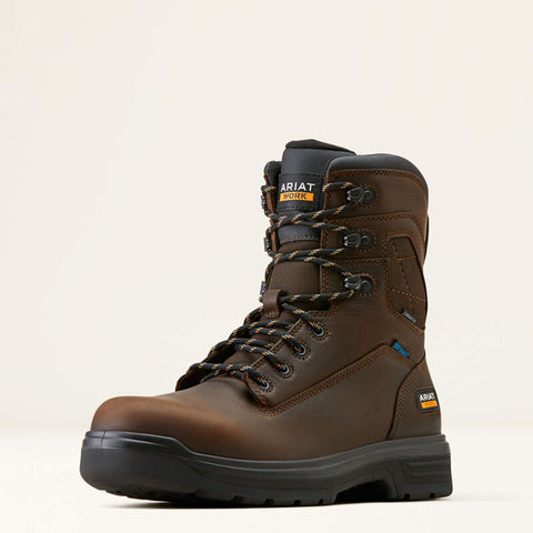 Ariat lace up work boot, dark brown leather, black and gold string and black rubber sole