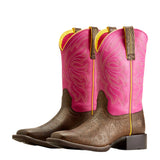 Fushia Pink Shaft boot with Dark Brown Floral Tooled Boot with Yellow boot stitching