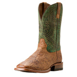 angle view of boot - distressed boot with green up shaft