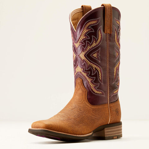 Front and side view of Ariat Women's Tooled Acorn & Maroon VenTEK Square Toe Boots.
