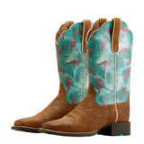 Light brown tooled boots with Palm Leaves and Pink Flamingos on the shaft