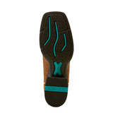 Boot/Sole View - Black and Teal Rubber Sole. 