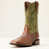 men's lightweight square toe cowboy boot in tan & green color front view