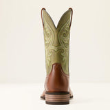 men's lightweight square toe cowboy boot in tan & green color heel view