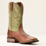men's lightweight square toe cowboy boot in tan & green color medial view