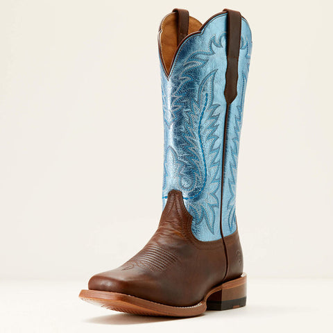 Front and side view of Ariat Women's Surf Blue Frontier Tilly Wide Square Toe Boots.
