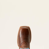 Top side view of the toe on the Ariat Women's Surf Blue Frontier Tilly Wide Square Toe Boots.