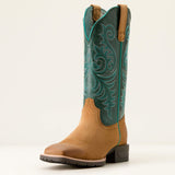 Ariat Hybrid Ranch Time Ladies Western Boot with acorn roughout foot and deep teal shaft