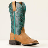 Ariat Hybrid Ranch Time Ladies Western Boot with acorn roughout foot and deep teal shaft medial view