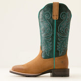 Ariat Hybrid Ranch Time Ladies Western Boot with acorn roughout foot and deep teal shaft side view