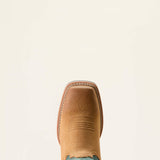 Ariat Hybrid Ranch Time Ladies Western Boot with acorn roughout foot and deep teal shaft toe view