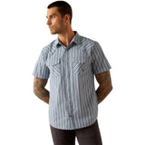Blue Retro Striped Short Sleeve Snap Shirt with Two Chest Pockets