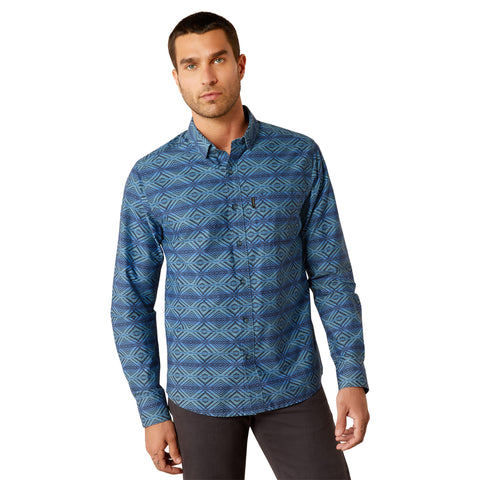 Dark Blue Geo and Striped Long Sleeve Button-up Shirt