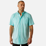 Man wearing light blue short sleeve button up shirt.