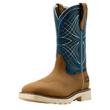 angle view of blue steel toe boot