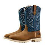 Blue Work Boot with Cream and Tan Boot stitching. Tan color boot. Sole cream colored