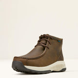 Left angled view of the shoe, dark brown lace up shoe with white and black sole 