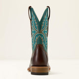 Ariat Walker men’s cowboy boot in espresso leather with Scuba Blue Western shaft back view.